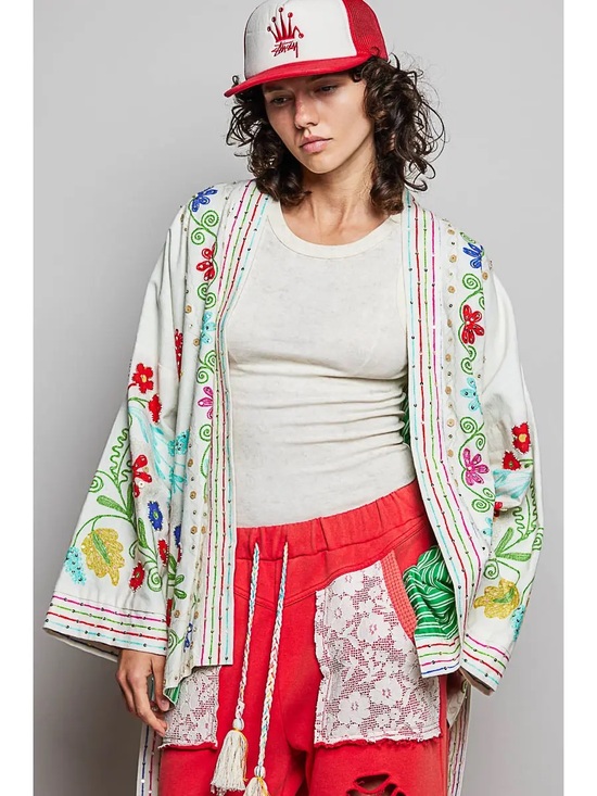 POL Sweaters - POL Long Sleeve Tassel Trim Waist Band Printed Woven Cardigan - S M L